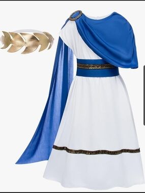 Kids Blue and White Roman Goddess Toga Costume Fits8-12 Years Olds